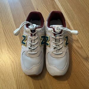 New Balance Kids' gray, green, burgundy, and green Sneakers